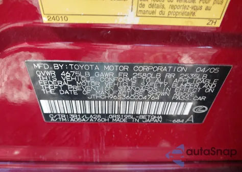 2006 Lexus Gs 300 from USA, damaged, VIN JTHCH96S360004764